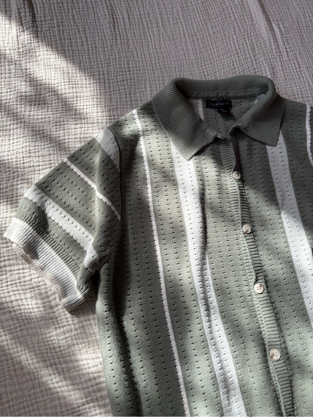 Men's Short-Sleeve Knit/Crochet Polo Shirt - Olive & White Stripe